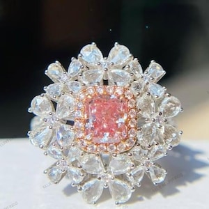 Fancy PINK Diamond Simulant Halo Ring, Vintage ART DECO Style, Floral Engagement Anniversary Ring S925/ 14K/18k, Flower cocktail ring