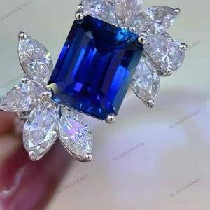 Blue Sapphire Emerald cut Ring with Marquise cut Diamond Accent*sapphire ethical seafoam engagement ring conflict free*14k sapphire ring