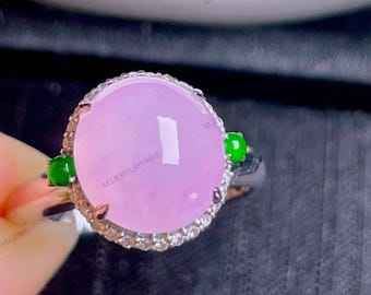 Lavender Jadeite Cabochon Ring, 925 Sterling Silver, Green Jade Accent