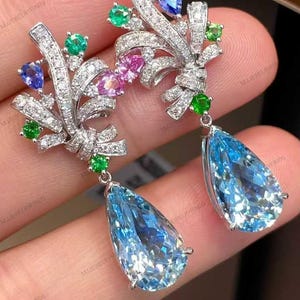 Luxury Aquamarine Drop Earrings ,Teardrop Blue Gemstone Earrings ,Multicolor Gemstone & Diamond Accent Earrings, Aquamarine Wedding Earrings