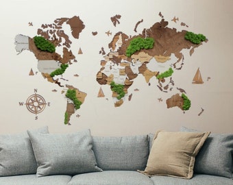 Wooden 3D World Map with Forest Moss