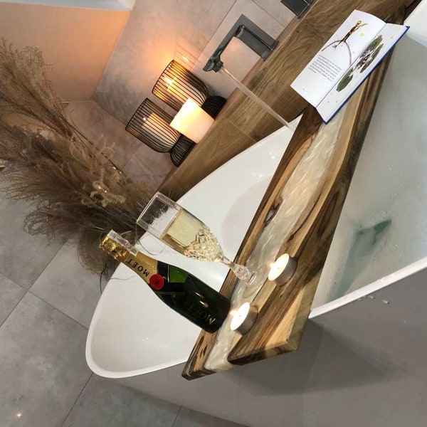 Wooden bath caddy with resin | Father's day gift | Epoxy Bath shelf  | Bath accessories | Epoxy Wood bath tray | Bathroom decor