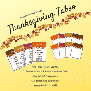 Printable Thanksgiving Game, Taboo Card Game, Family Holiday Game, Kids Adults Printable Game, Don&#39;t Say, Forbidden Words, Digital Download