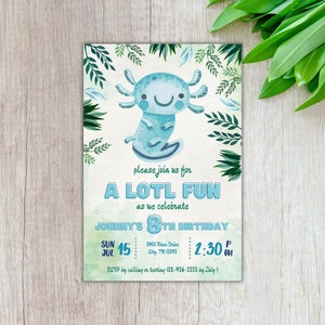 Green Blue Axolotl Birthday Invitation | Cute Axolotl Party Invite | Customizable 4x6 | Animal Theme | Digital Download