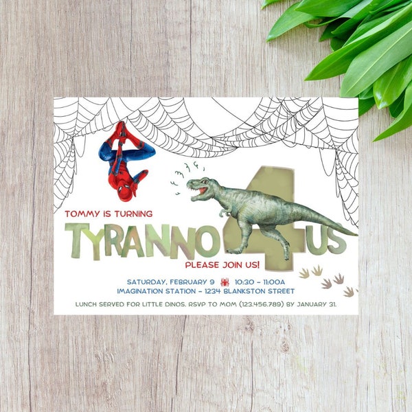 Spiderman T-Rex FOURTH Birthday Invitation | Boy Party Ideas | Tyrannosarus Rex | Superhero | Marvel