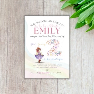 May include: A pink and white birthday invitation for a girl turning two. The invitation features a cartoon illustration of a girl in a purple dress and a butterfly-shaped number two. The text on the invitation reads "You are cordially invited to celebrate Emily's 2nd birthday. She's fancy & fantastique!"