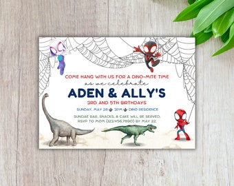 スパイダーマン T-Rex 誕生日招待状：スーパーヒーロー恐竜パーティー（印刷可能ダウンロード）