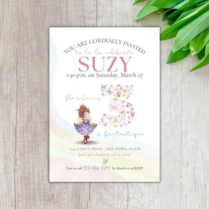 May include: A birthday invitation for a girl named Suzy turning three. The invitation features a whimsical illustration of a girl with butterflies and the text "She's fancy & fantastique".
