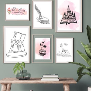 Book Lover&#39;s Gallery Wall Art - Set of 6 Minimalist Bookish Prints - Library Decor, Digital Download - Perfect Library Decor