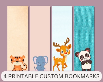 May include: Four printable bookmarks featuring cute animal illustrations. The bookmarks have a variety of backgrounds, including a brown paper texture, a light pink background, a light blue background, and a blue textured background. The animals include a tiger, an elephant, a reindeer, and a panda.