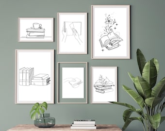 Bookish One Line Art Prints: Minimalist Book Lover Decor (Digital Download)