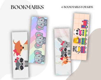 May include: Four colorful bookmarks featuring cute animal illustrations. The bookmarks include a fox and raccoon, a bunny and deer, three elephants, and a train with animals. The bookmarks are perfect for kids who love to read.