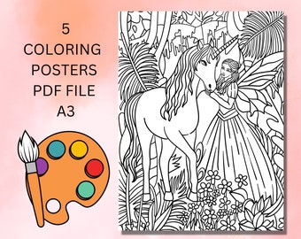 Póster para colorear de Hadas y Unicornios: A3 imprimible (Descarga digital)