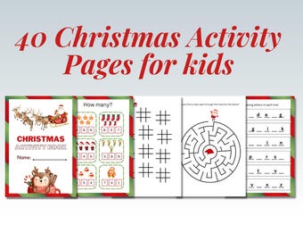 May include: A Christmas activity book for kids with 40 pages of activities. The cover features a red and green striped background with a reindeer wearing a Santa hat and holding a candy cane. The book includes activities such as counting, mazes, and alphabet practice.