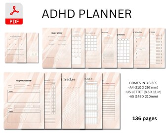 May include: A digital planner for people with ADHD. The planner is designed to help people stay organized and on track. It includes sections for daily, weekly, and monthly planning, as well as habit trackers and goal setting. The planner is available in three sizes: A4 (210 x 297 mm), US Letter (8.5 x 11 in), and A5 (148 x 210 mm). It has 136 pages.
