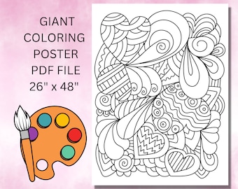 Giant Valentine's Coloring Poster - Large 36x48 Adult Coloring Page - Huge Heart & Love Design
