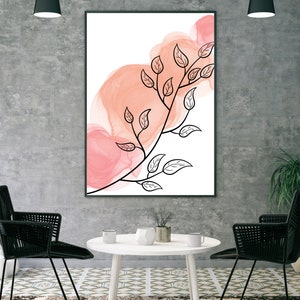 May include: A black and white line drawing of a branch with leaves on a white background with a pink watercolor wash behind it.
