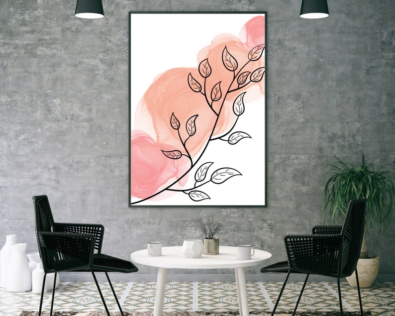 May include: A black and white line drawing of a branch with leaves on a white background with a pink watercolor wash behind it.