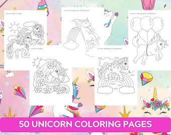 Puede incluir: Un conjunto de 50 páginas para colorear de unicornios en blanco y negro. Las páginas presentan unicornios en varias poses, incluyendo un unicornio con un amigo, un unicornio deslizándose sobre un arcoíris, un unicornio caminando sobre un arcoíris y un unicornio flotando con globos.