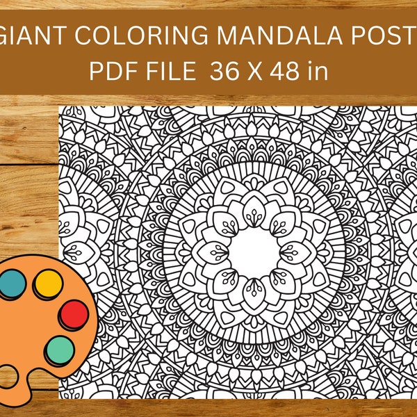 Affiche à colorier géante, affiche à colorier Mandala, page à colorier adulte, page à colorier géante Mandala, grande affiche à colorier 36 "x 48"