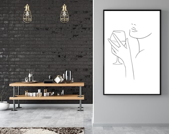 Woman Wine Glass Line Art Print: Minimalist Home Decor (Digital Download)