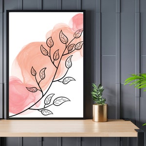 May include: A black and white line drawing of a branch with leaves on a white background with pink watercolor washes.