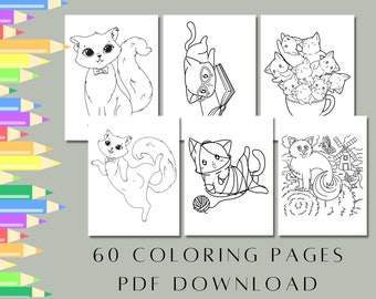 60 Cat Coloring Pages: Kitten Birthday Party Activity (Instant Download)