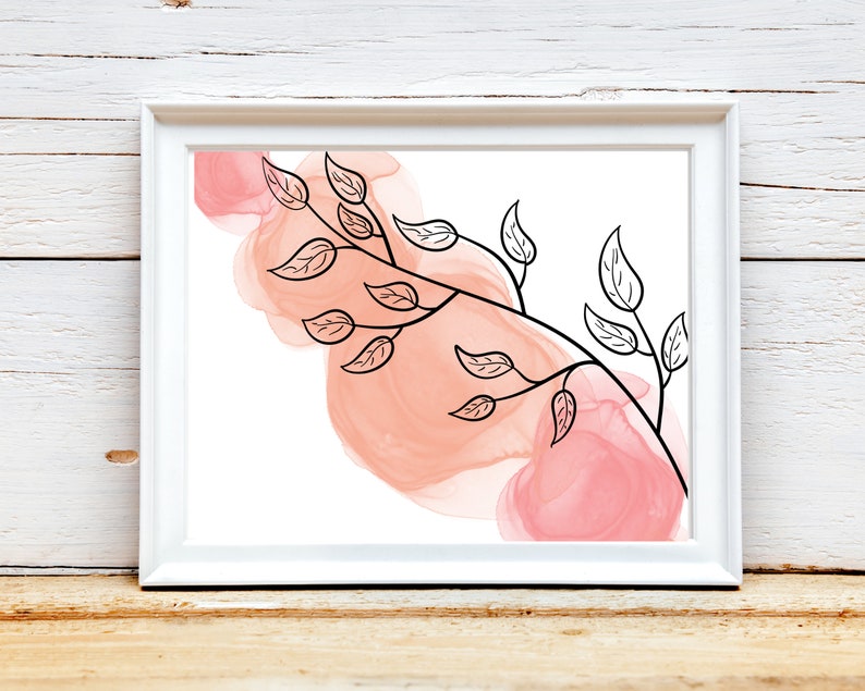 May include: A digital art print featuring a black line drawing of a branch with leaves against a background of abstract peach watercolor shapes.