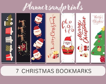 May include: Set of 7 Christmas-themed bookmarks. Designs include Santa Claus, reindeer pulling a sleigh, Christmas tree, and festive text. Each bookmark is a vertical rectangle with a unique holiday illustration and the text "Merry Christmas" or "Ho Ho Ho".