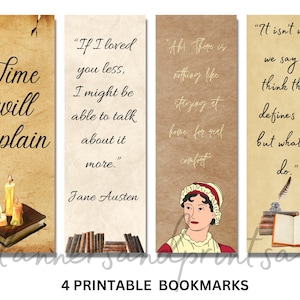 Author bookmarks, 4 bookmarks featuring classic novelist, Jane Austen quote, Lovely Reader&#39;s Bookmarks, Printable Bookmark, Vintage bookmark
