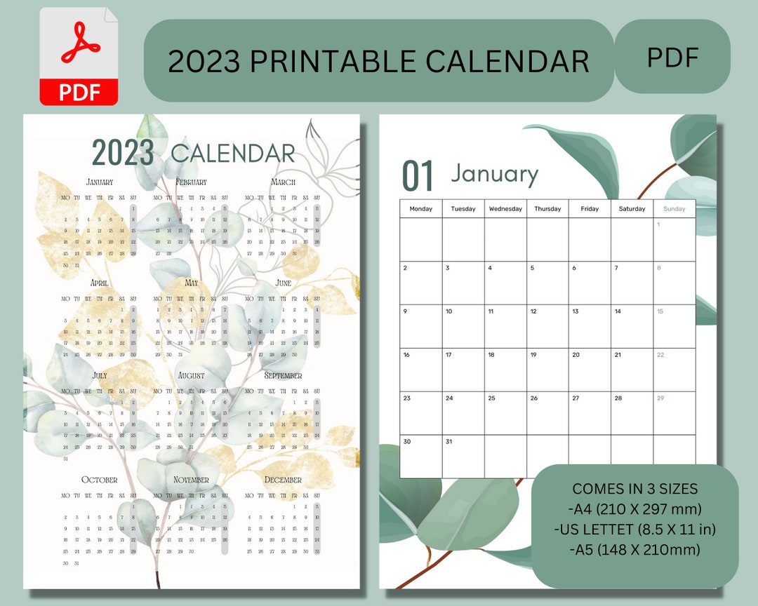 2023 Calendar Printable Calendar Pretty Calendar Monthly - Etsy