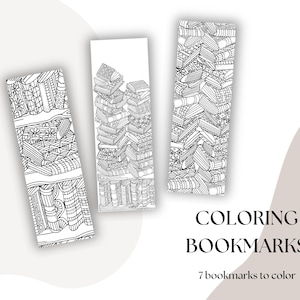 Book Lover&#39;s Coloring Bookmarks – Digital Download of 7 Unique Printable Designs, Bookish Bookmark Designs