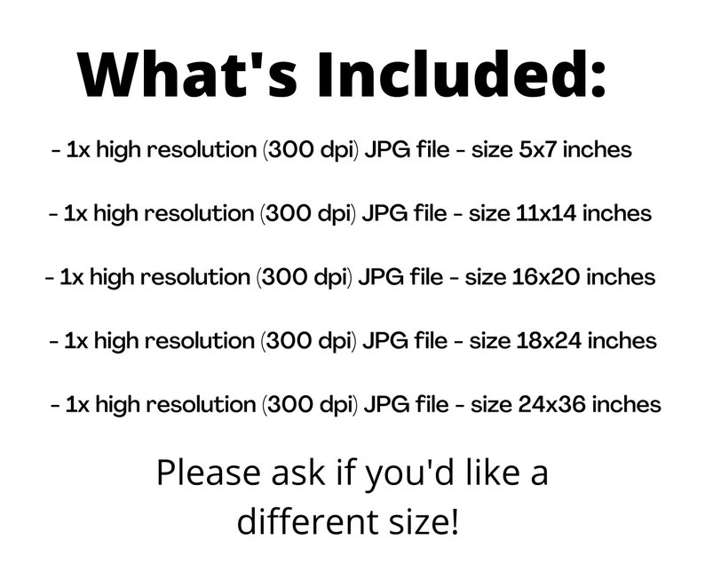 May include: Text that reads "What's Included:" followed by a list of five high-resolution JPG files in different sizes: 5x7 inches, 11x14 inches, 16x20 inches, 18x24 inches, and 24x36 inches. The text concludes with "Please ask if you'd like a different size!"