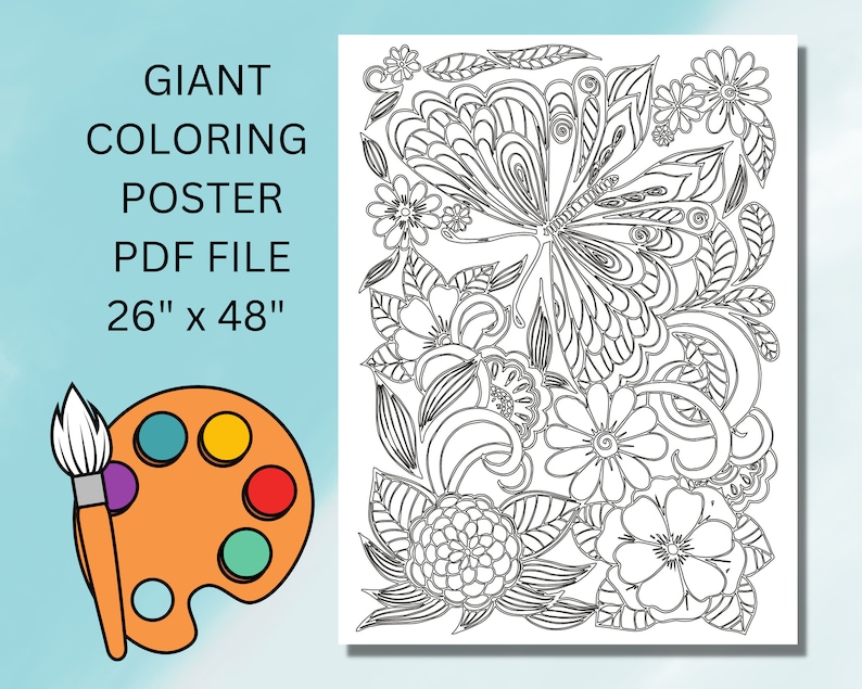 Giant Coloring Poster, Floral Coloring Poster, Adult Coloring Page
