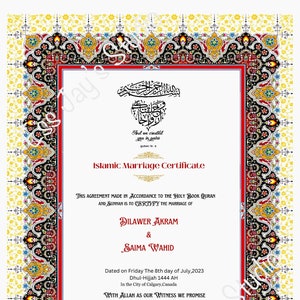 Islamitisch NIKAH-certificaat, traditioneel huwelijkscontract, Nikah Nama, huwelijksakte moslim, huwelijksgeschenken, op tezhip geïnspireerd Nikah-contract