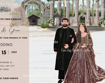 Destination customized Digital Wedding Invitation, Bride & Groom Illustration