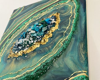 Resin Geode Wall Art/ peacock colours wall art/resin wall hanging/Geode Wall art