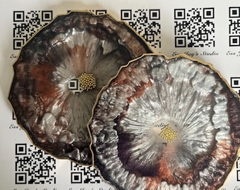 Handcrafted Resin Coasters - Set of 2 - Brown & Gold Home Decor