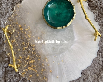 Luxury Resin Vanity Tray with Ring Bowl, Gold Flakes-
