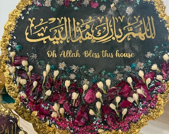 Resin Plaque with Dried Flowers: "Allah Bless This House" Home Blessing