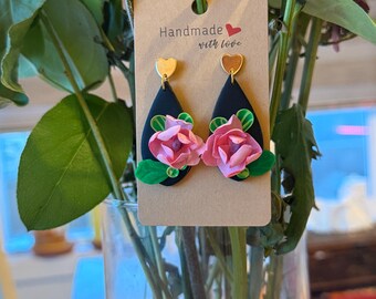 Pink floral polymer clay earrings-handcrafted-Best gift ideas