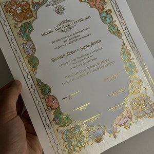 Handgemalte NIKAH Zertifikat, traditioneller Hochzeitsvertrag, muslimische Heiratsurkunde, Hochzeitsgeschenke