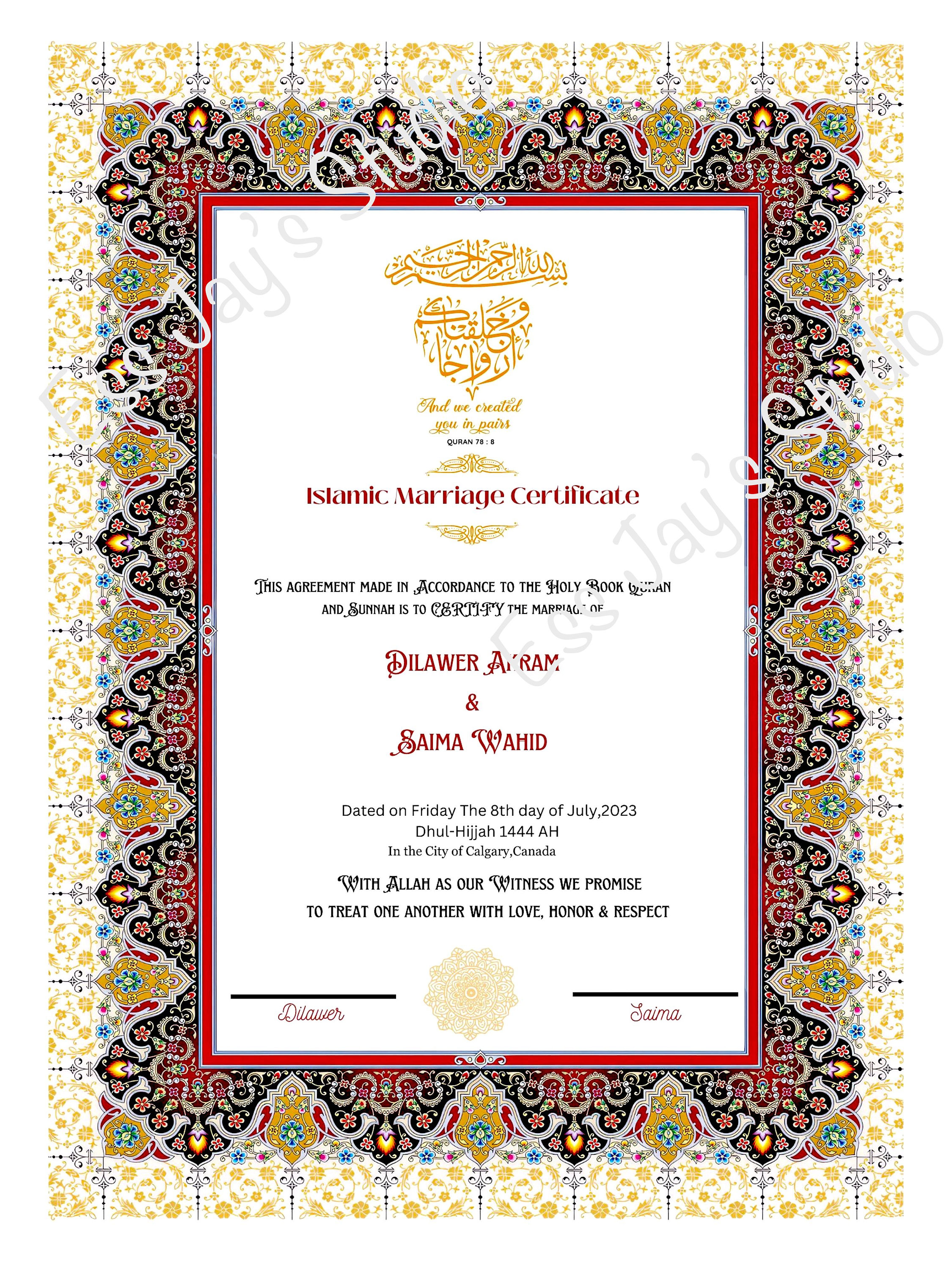 Tezhip Islamic Nikah Certificate: Traditional Muslim Wedding Contract - Etsy, image size:2250x3000