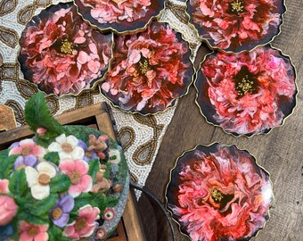 Red Resin Flower Coasters (Set of 6) | Handmade Table Decor