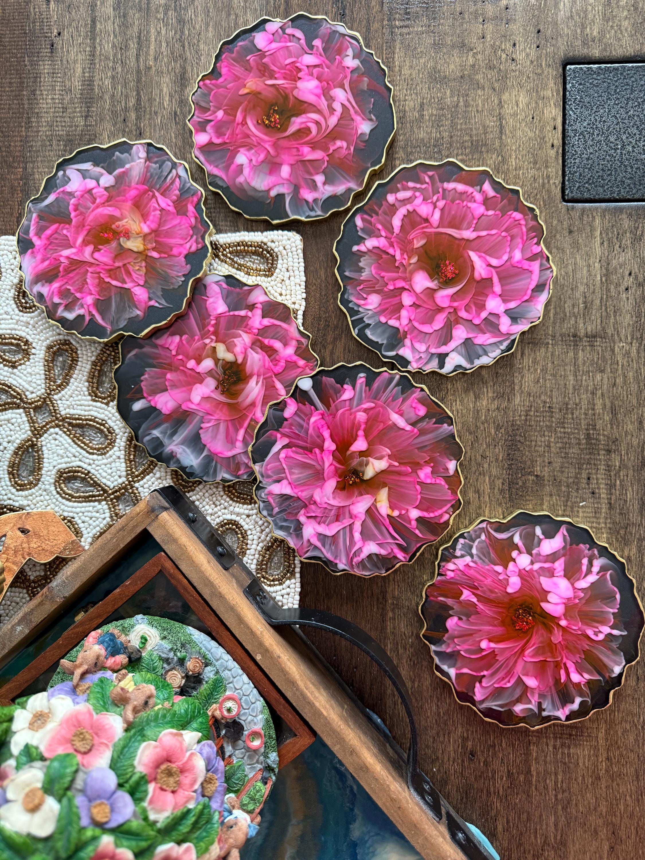 手作りのピンクのバラの樹脂製コースターセット、花柄の装飾 - Etsy 日本