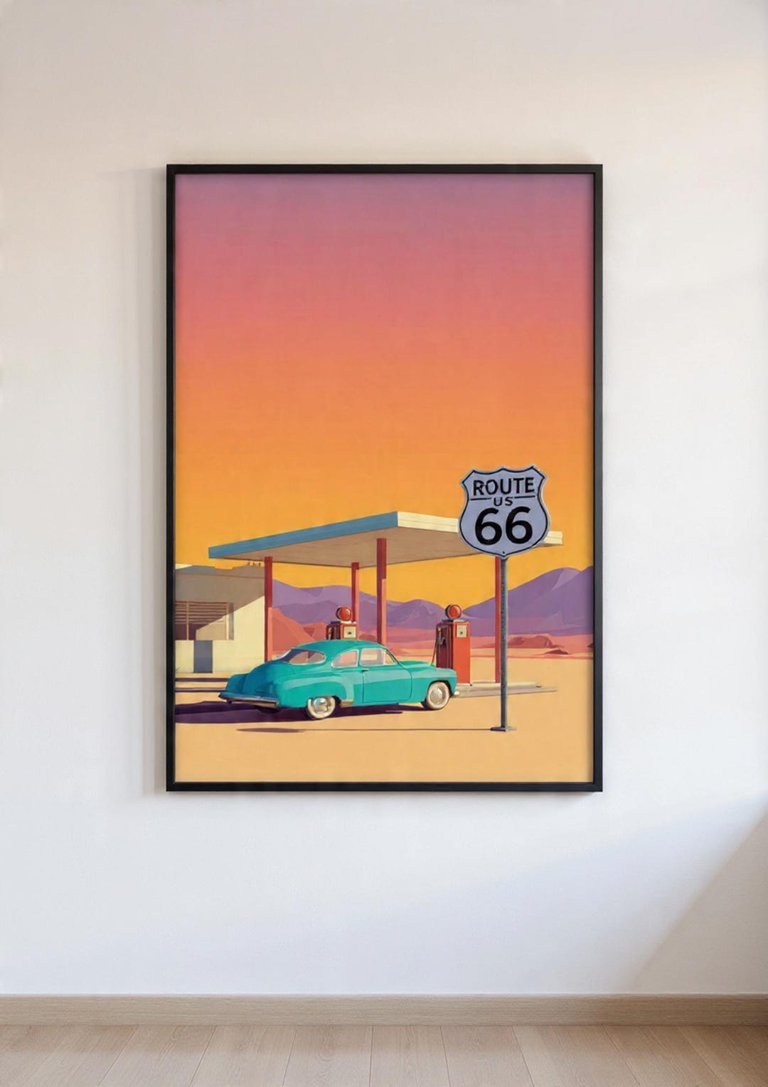 Desert Gas Station Poster, Retro Route 66 Car Art, Vintage Americana ...