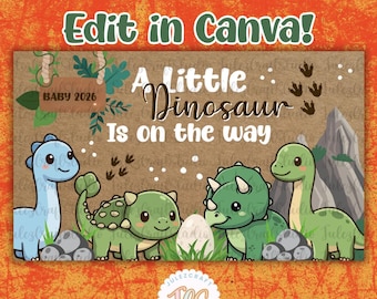 Mall för liten dinosaurie på väg-banner | Redigerbar Canva-babyshowerbanner | Dinosaurie-babyshowerdekor | Digital nedladdning