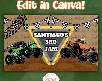 Monstertruck-födelsedagsbanderollmodell | Redigerbar Canva-mall | Barnfestbakgrund | Lastbilstema-födelsedag | Direktnedladdning
