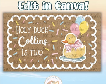 Holy Duck födelsedagsbanderollmockup | Rolig anktemafestbakgrund | Redigerbar Canvas-mall | Barnfödelsedagsdekor | Direktnedladdning