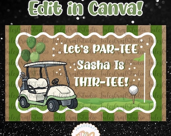 Mockup för födelsedagsbanderoll med temat "Let’s Par-Tee" | Bakgrund för golftemafest med "Name Is Thir-tee" | Redigerbar Canva-mall | Direktnedladdning